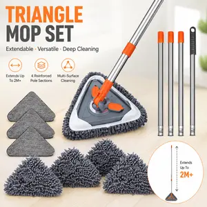 Triangle Flat Mop with 2m Extendable Handle, 360-Degree Rotating Chenille Fabric & Microfiber Mop for Floors, Ceilings, Baseboards, Includes 6 Replacement Pads