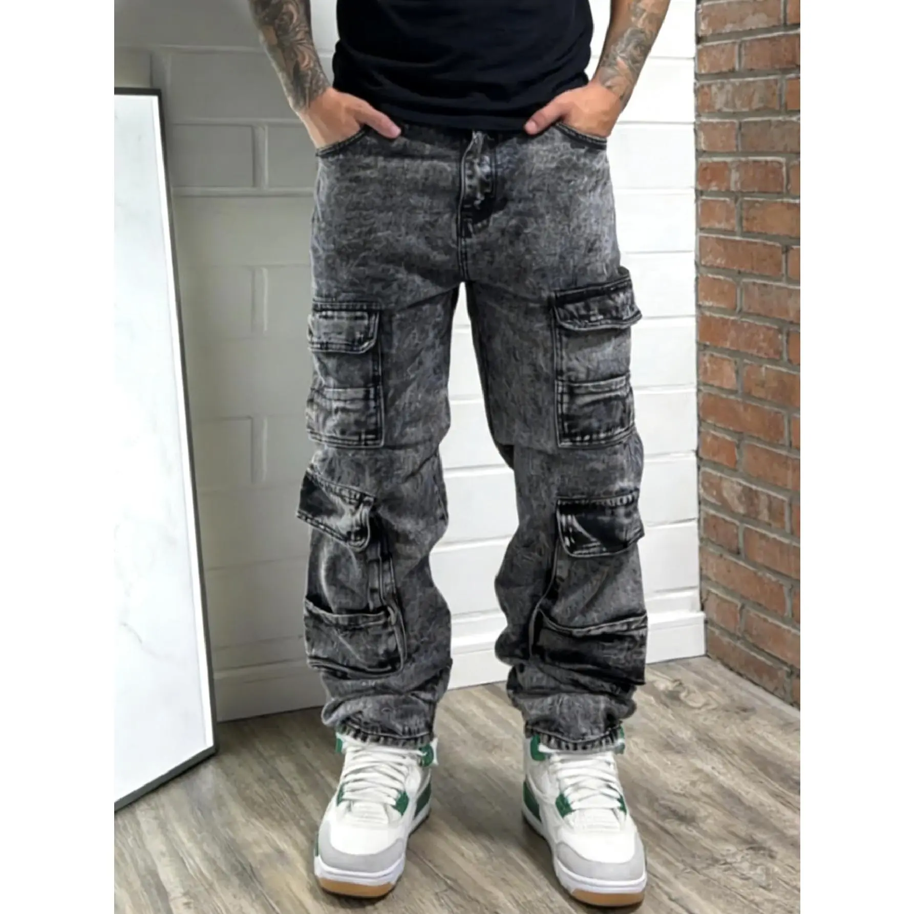 Men's New Streetwear Casual Cargo Jeans - All-Season Loose-Fit Loose-Leg Full Length Solid Color Carpenter Denim Pants with Multiple Pockets, Classic Menswear Trousers, Loose-Leg Men's Jeans, Full Length Men's Jeans