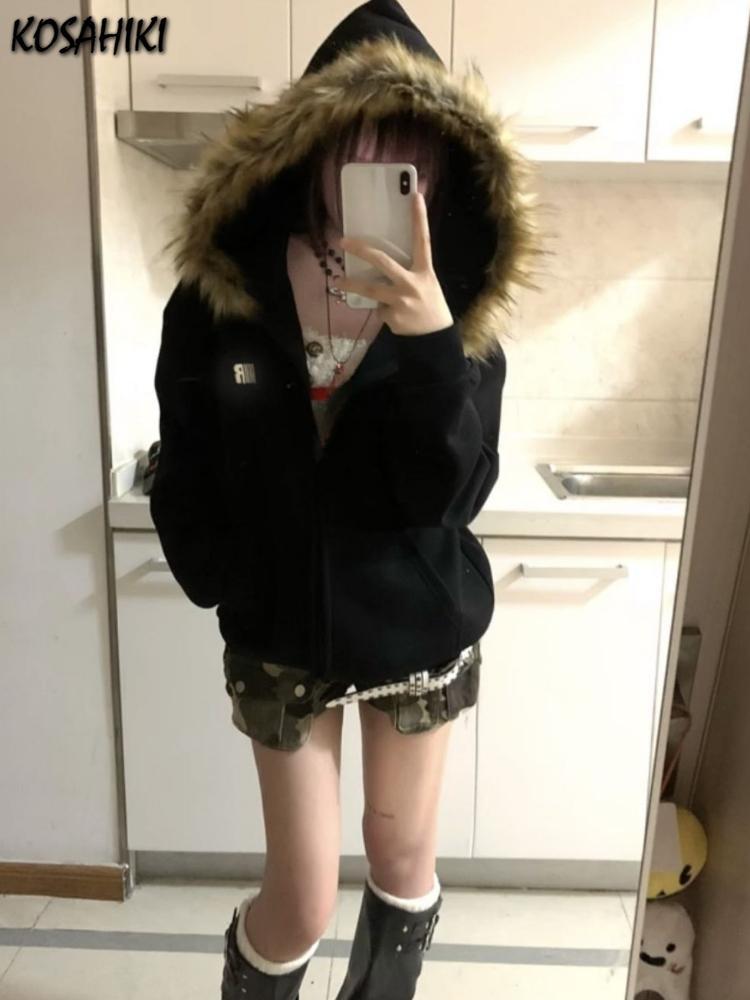 Harajuku Casual Fur Patchwork Hooded Hoodies 2025 Women Y2k Aesthetic Loose Pocket Streetwear Coats Grunge Zipper Sweatshirts