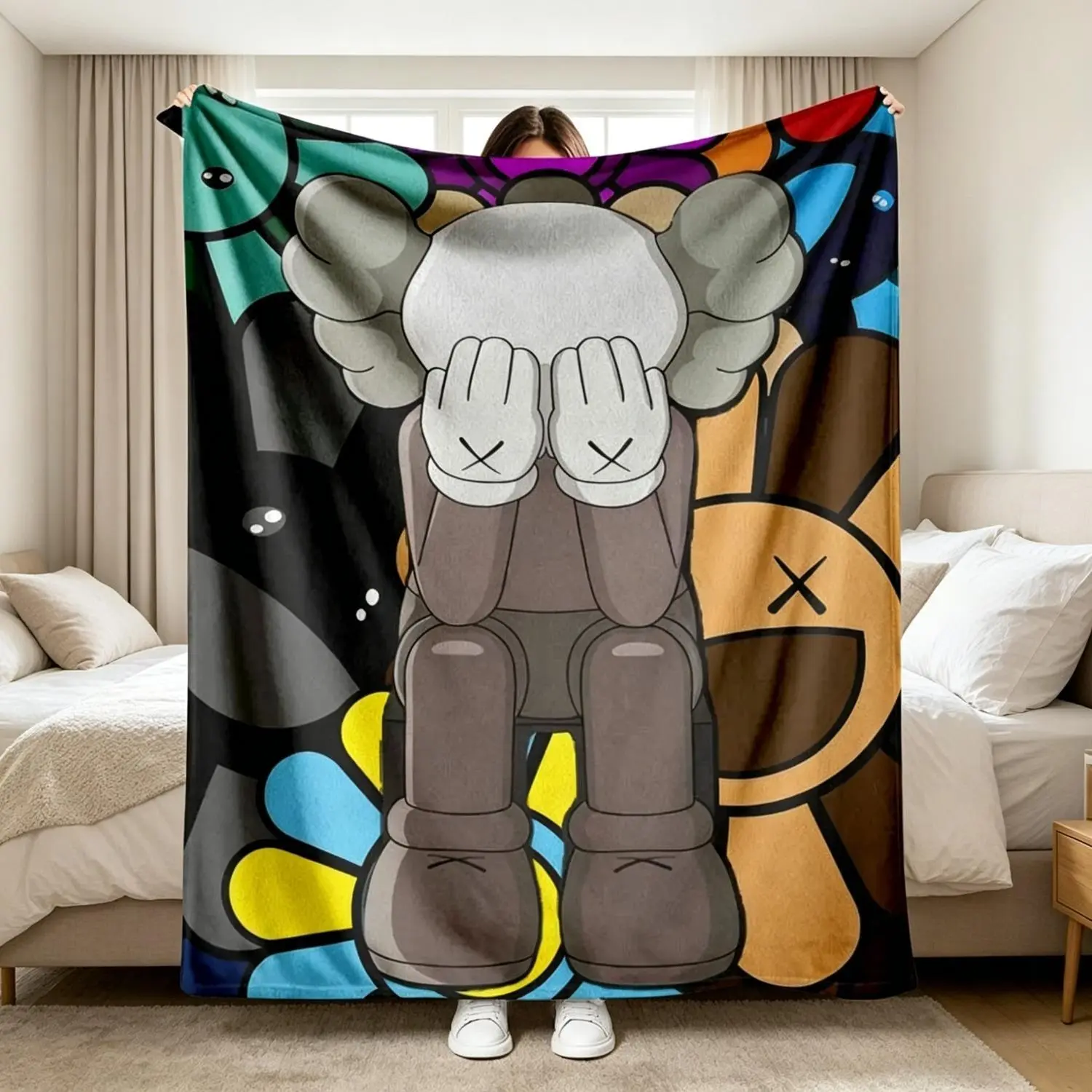 Takashi Murakami-Inspired Floral Print Flannel Blanket - Soft, Warm, Comfortable, Lightweight, Pill-Resistant, Cooling, Wrinkle-Resistant - For Adults, Ideal for Living Room, Home Décor, Great Birthday Gift for Art Lovers