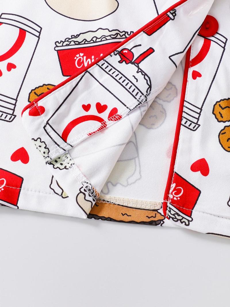 Women's All Over Print Button Front Shirt & Shorts Pyjama Set, Comfort Two-piece Pj Set for Homewear, Women's Sleepwear for All Seasons, Pajama Set