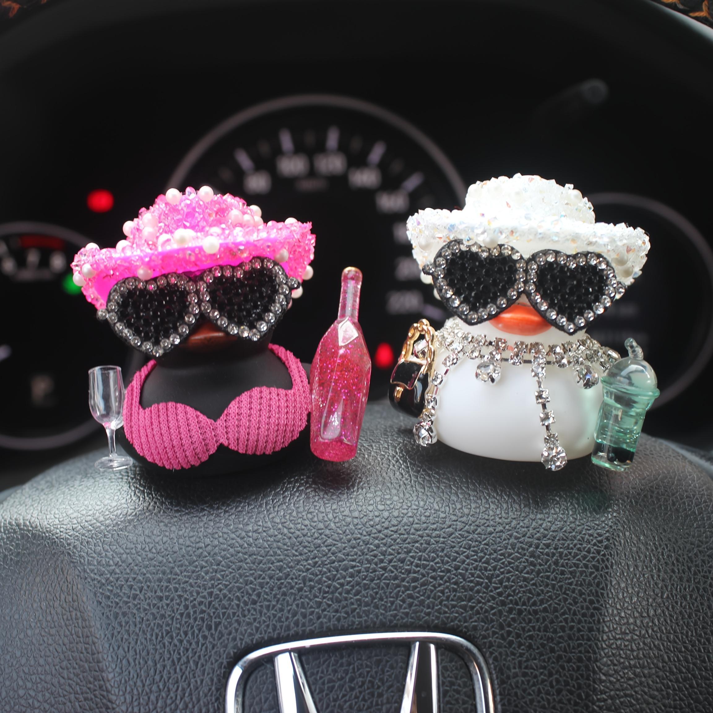 Cute Duck Car Dashboard Ornament Set, Black Duck with Pink Glitter Hat and Champagne Bottle Decor, Funny Car Interior Accessory for Dashboard, Motorcycle, Bicycle, Party Gift