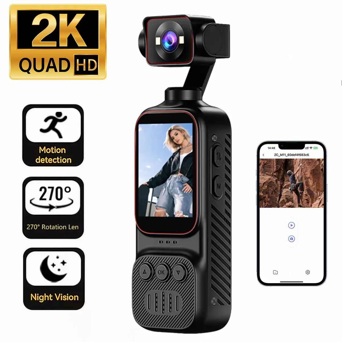 2K Portable Camcorder With 270° Auto Rotating Lens & Smooth Stabilization,Handheld Anti-Shake HD Camera Video Recording for Vlogging,Travel & Daily Recording,USB Rechargeable,Durable & Compact, Digital Camcorder