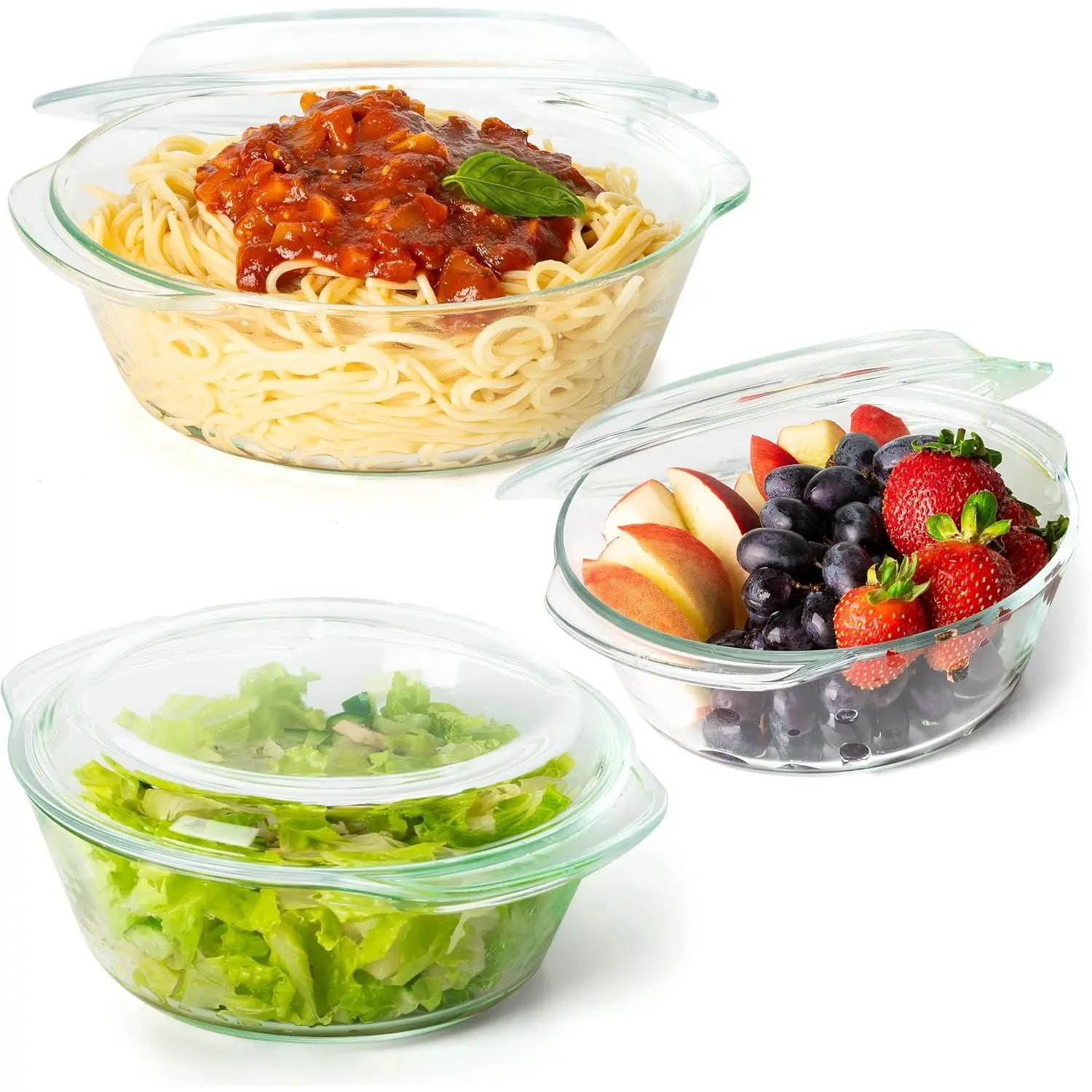 6- Clear Glass Casserole Dishes for Oven With , Durable Tempered Borosilicate Glass Bakeware Set, Microwave Safe, 3 Round Sizes for Cooking, Serving  Storage