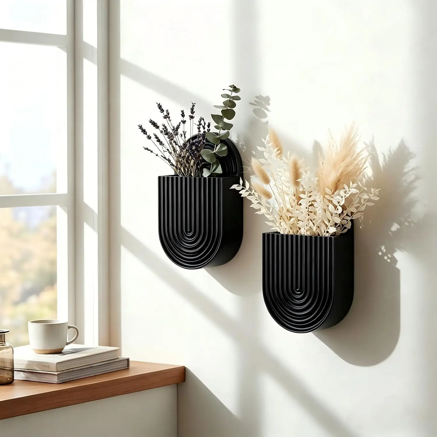 Black Wooden Wall Vase Set of 2,Boho Wall Decor Planters Holder for Indoor ,for Entryway, Hallway, Bathroom, Living Room, Dining Room()