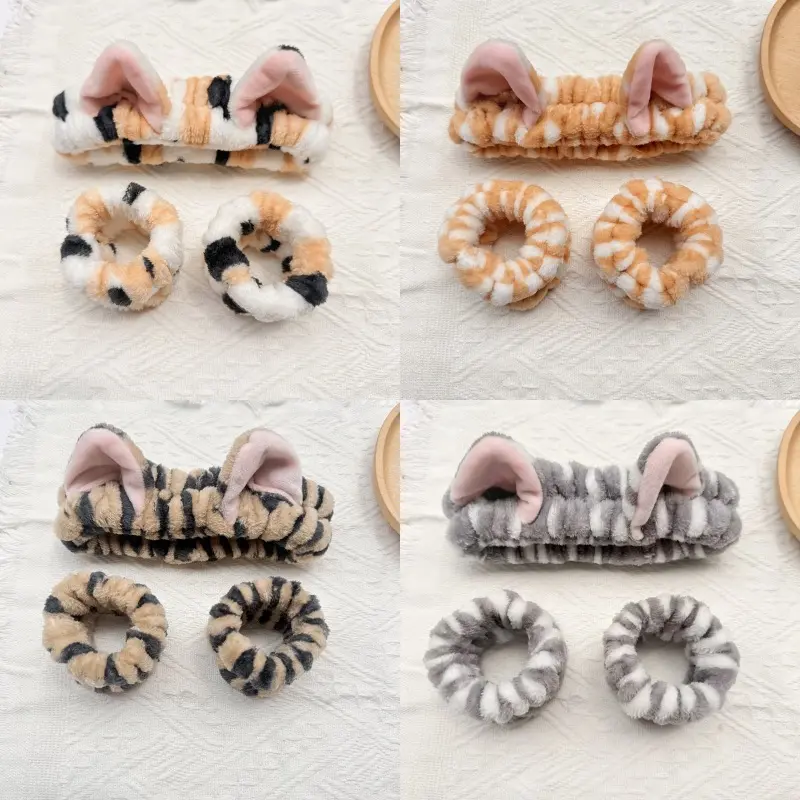 Women's Cute Kawaii 3-Pcs Plush Cat Ear Headband Set - Cartoon Character Headbands with Matching Fluffy 3D Animal Wristbands for Face Washing, Skincare, Makeup (Autumn Winter Hair Accessories), Cute Kawaii Headbands
