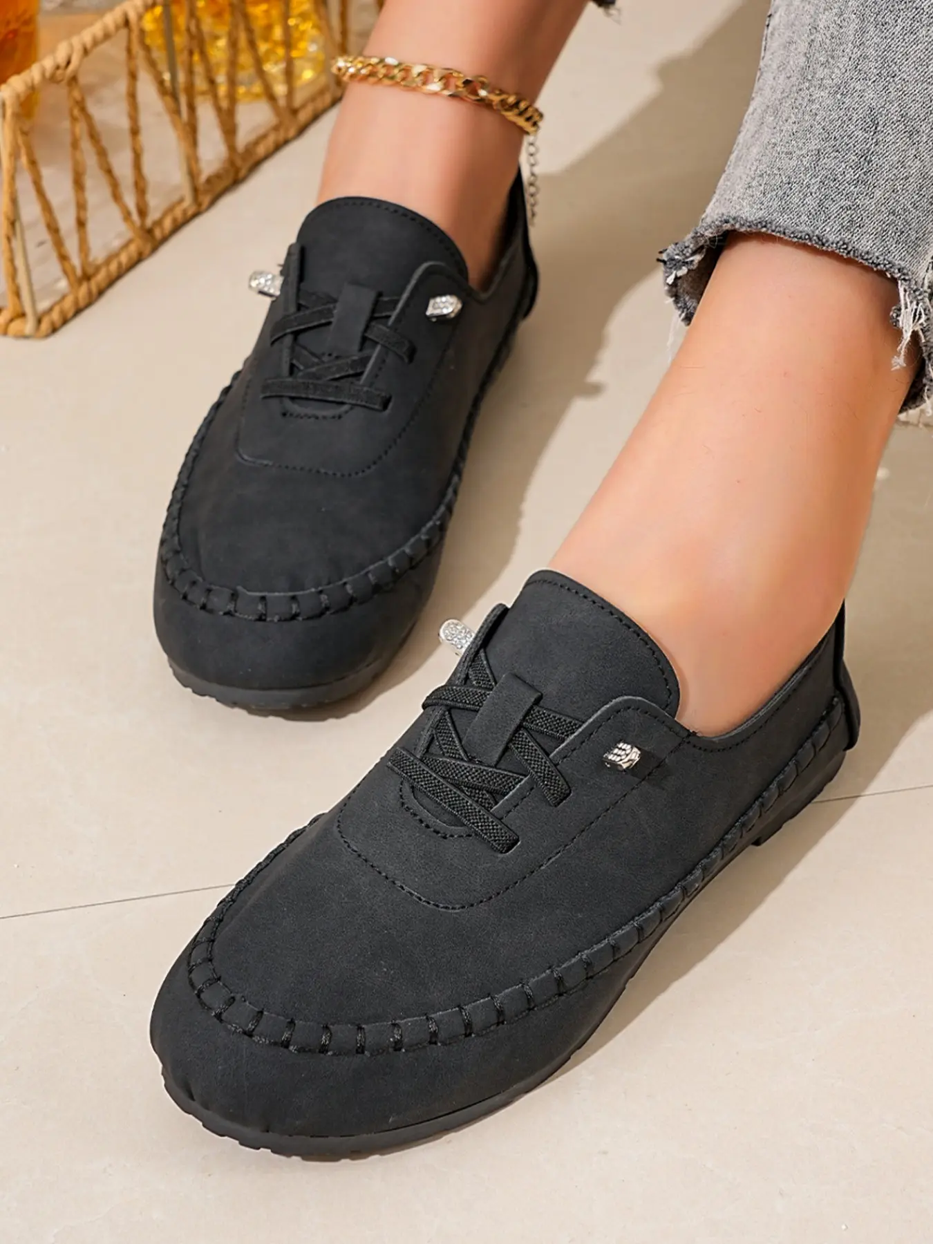 Women's Textured Velvet Tie-Back Moccasin Loafers, Mini Rhinestone Embellishments, Hand-Stitched Edges, Reversible Heel Design, Office & Daily Wear