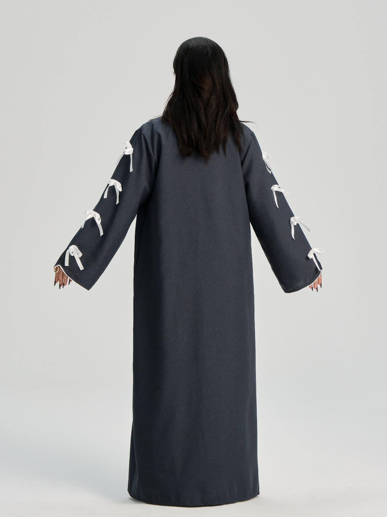 Women's Solid Color Bow Decor Wave Trim Open Front Cardigan, Casual Long Sleeve Womenswear Outerwear for Daily Wear, Ladies Clothes for All Seasons