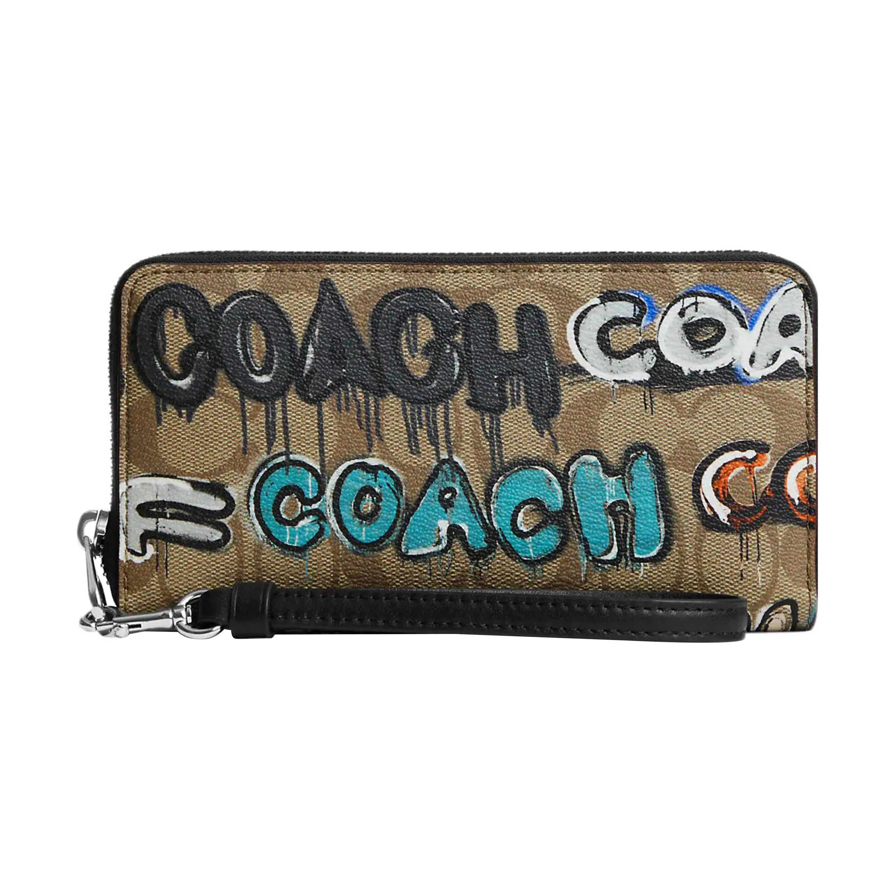 Coach x Mint + Serf Zip-Around Wristlet Handbag for Women, Graffiti Print Canvas and Leather, Khaki