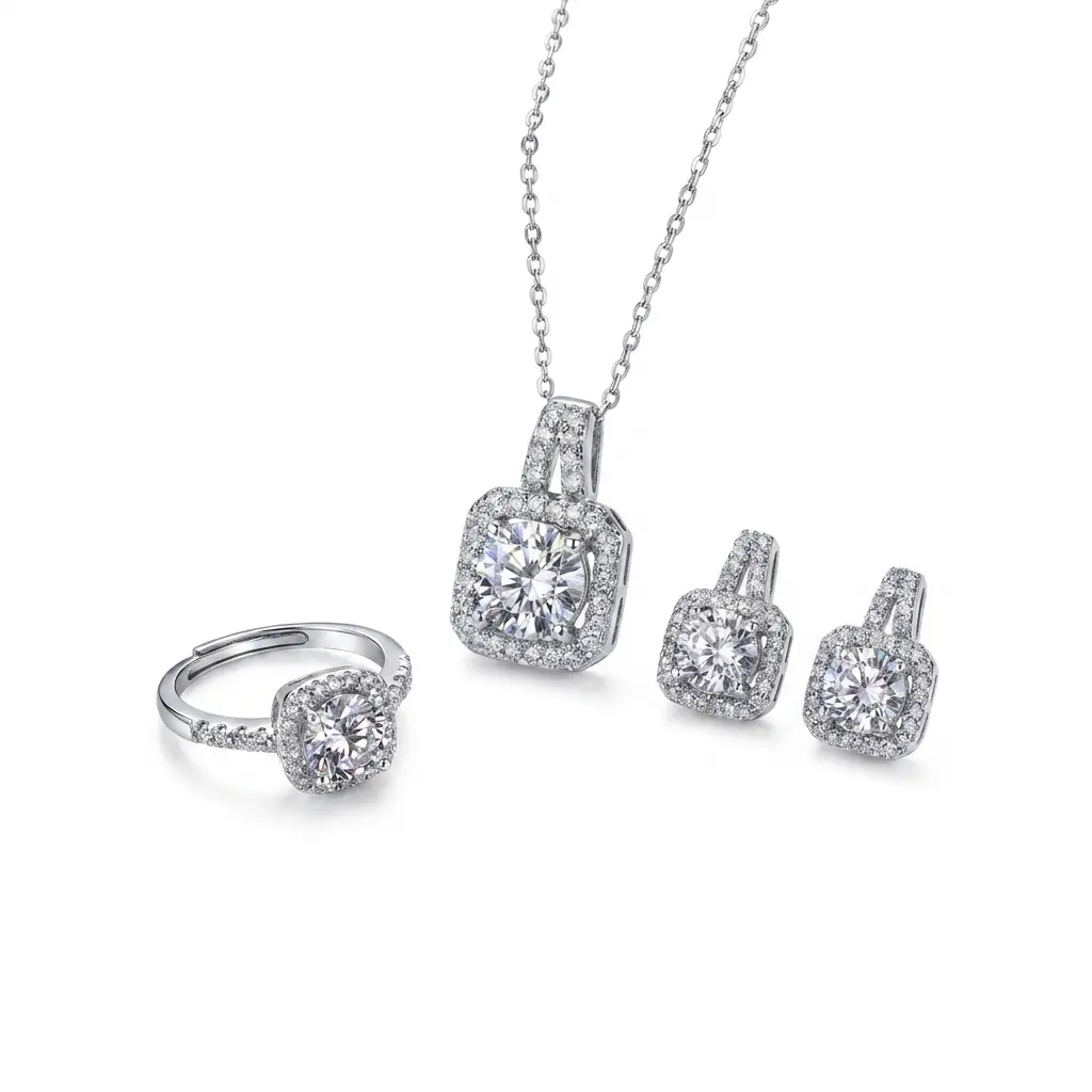 Moissanite 3-Piece Jewelry Set Square Halo Ring Necklace Earrings S925 Silver allergy prevention Tarnish Free Elegant Bridal Wedding Prom Anniversary Gift for Her