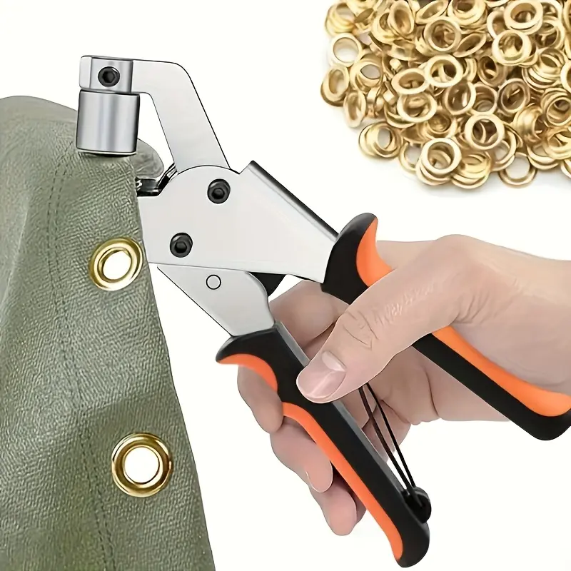 300Pcs 10mm Metal Grommets Eyelets Set with Hand Press Pliers, hollow metal eyelet fasteners, easy to punch holes on canvas, tent cloth, sun shade fabric. Ideal for sewing crafts, DIY handmade projects and outdoor fabric reinforcement.