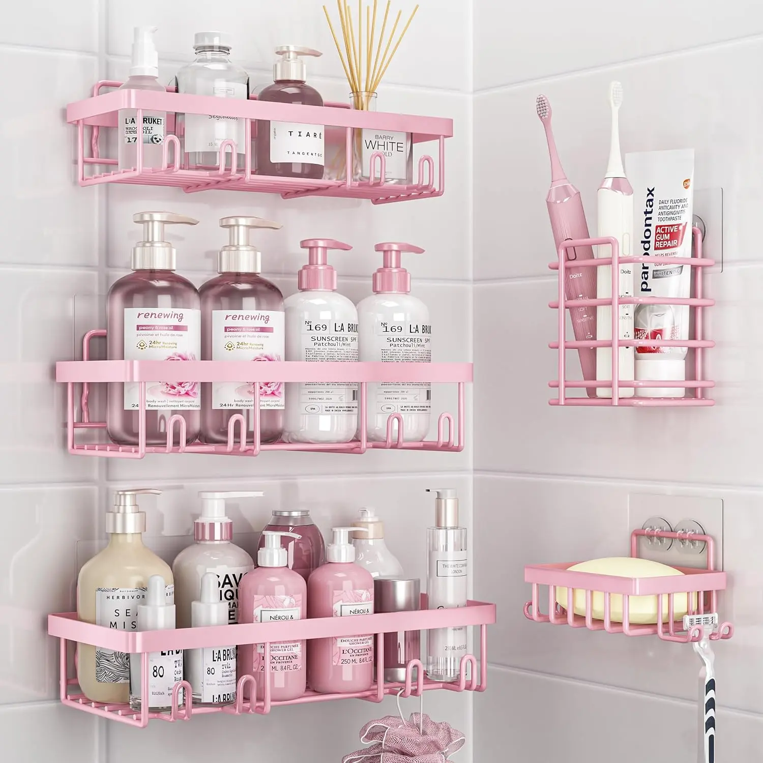 Pink 5-Pack Rustproof Stainless Steel Shower Caddy Set, Waterproof Hollow Smooth Adhesive Wall-Mounting Shelves for Shampoo, Soap, Toothbrush, Multi-Size Home Organizer Storage Basket for Shower Use & Girly Bathroom Decor