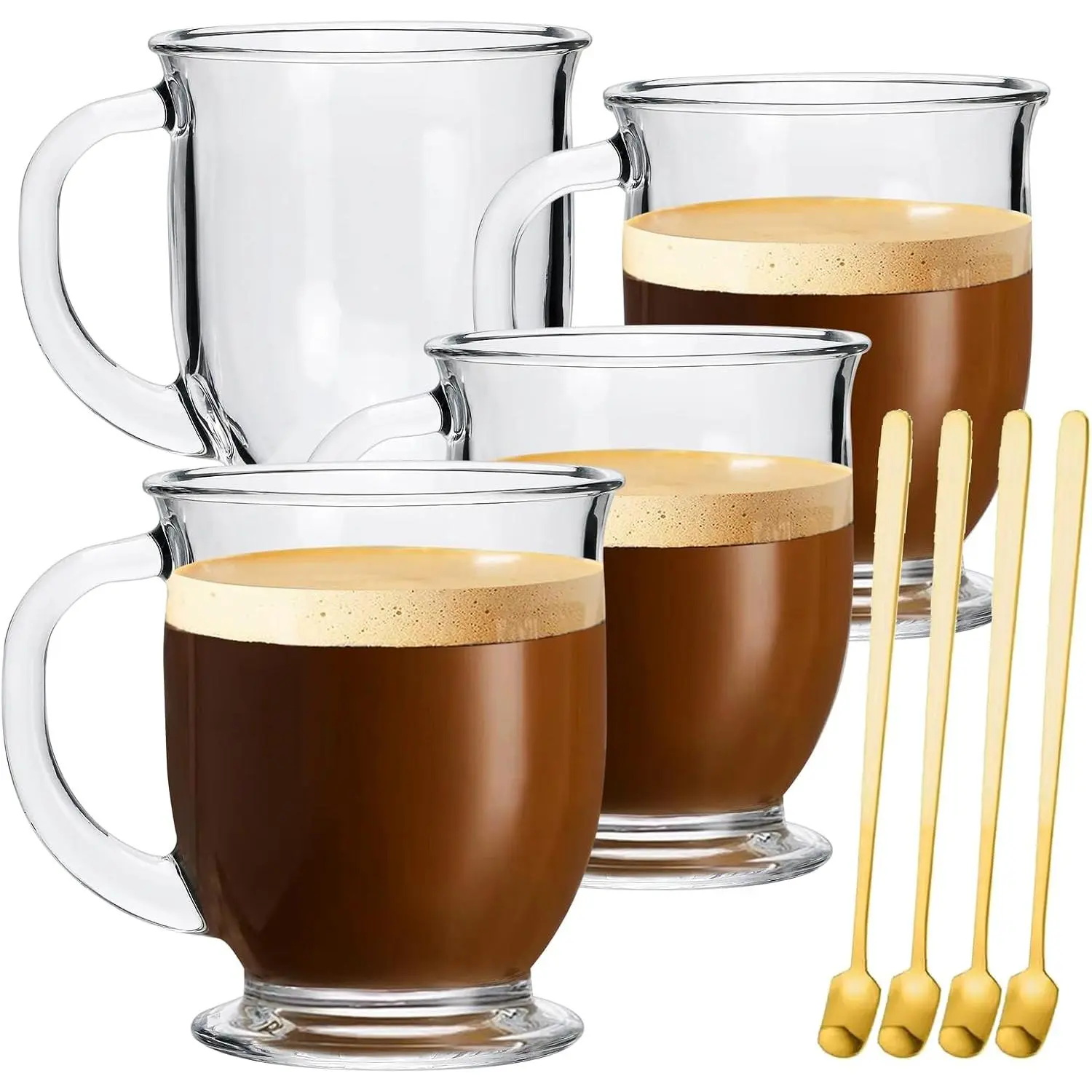 15 oz Clear Glass Coffee Mugs with Handle Set of 4, Wide Base | Heat-Resistant Drinking Cups, Transparent Mugs, Dishwasher Safe for Latte, Cappuccino, , Hot Cold Beverages, Ideal