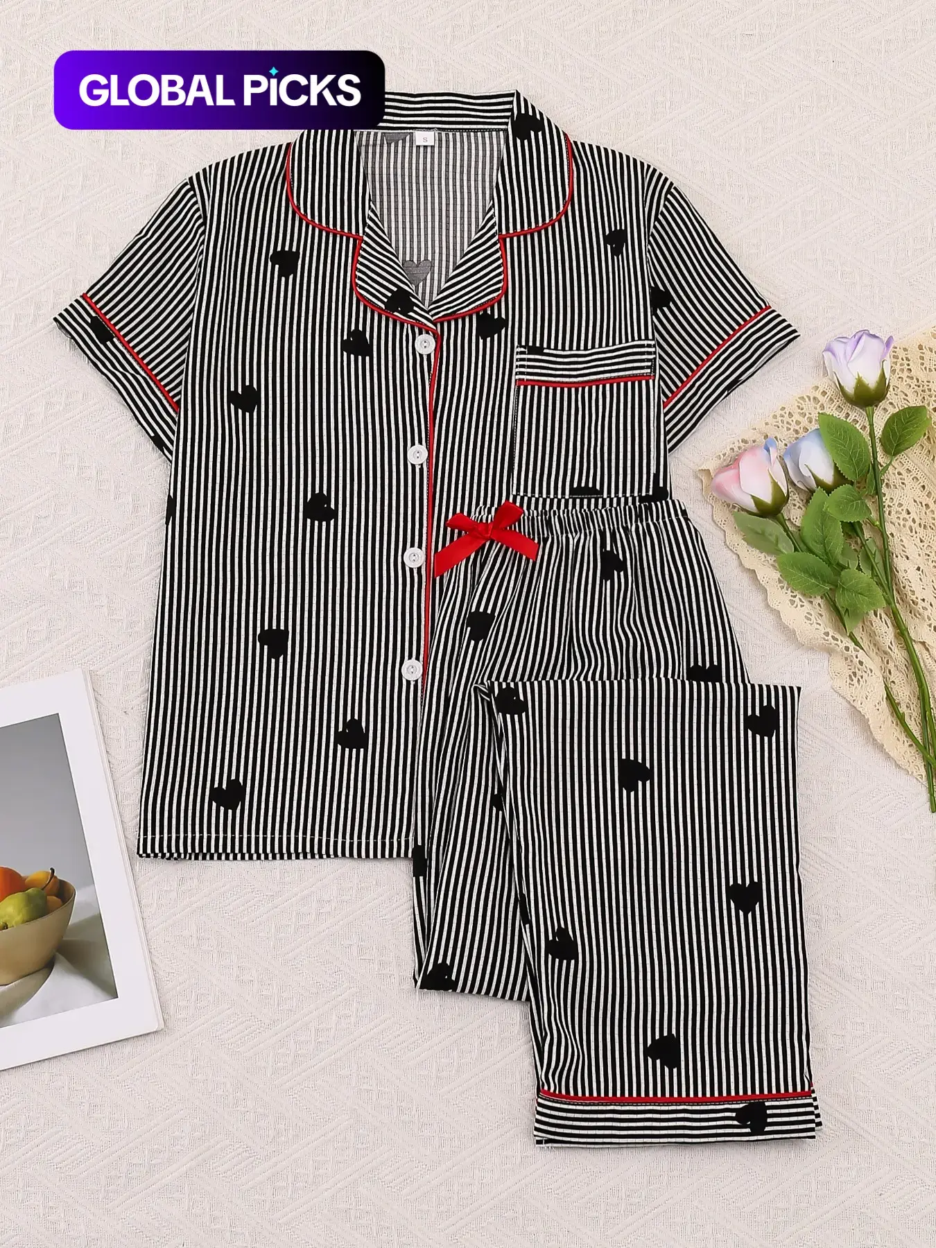 Women's Sleepwear Set, Sweet Casual Home Clothes Loungewear, Short Sleeve Pajamas Bow Tie Pants, Elegant Simple Striped Heart Print, All Seasons Wear