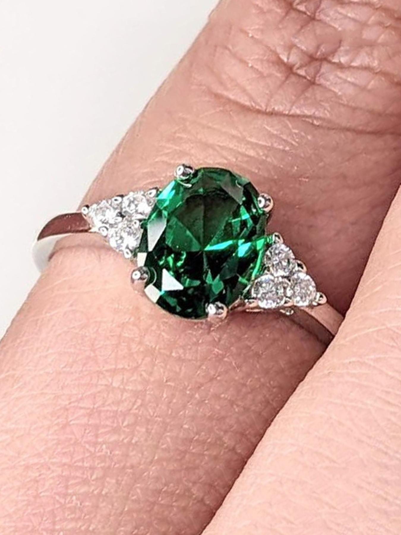 S925 Sterling Silver Oval Shaped Green Artificial Zircon Decor Ring, Elegant Bridal Engagement Ring for Women, Trendy All-match & Exquisite Jewelry for Birthday Gift