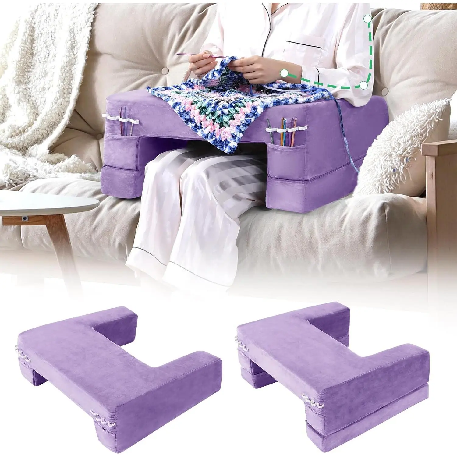 Adjustable Foam Crochet Lap Support Pillow, Soft Velvet Reading & Gaming Pillow with Side Pocket and Elastic Band, Desk Pillow for Sofa Bed Floor, Height Adjustable (Purple)