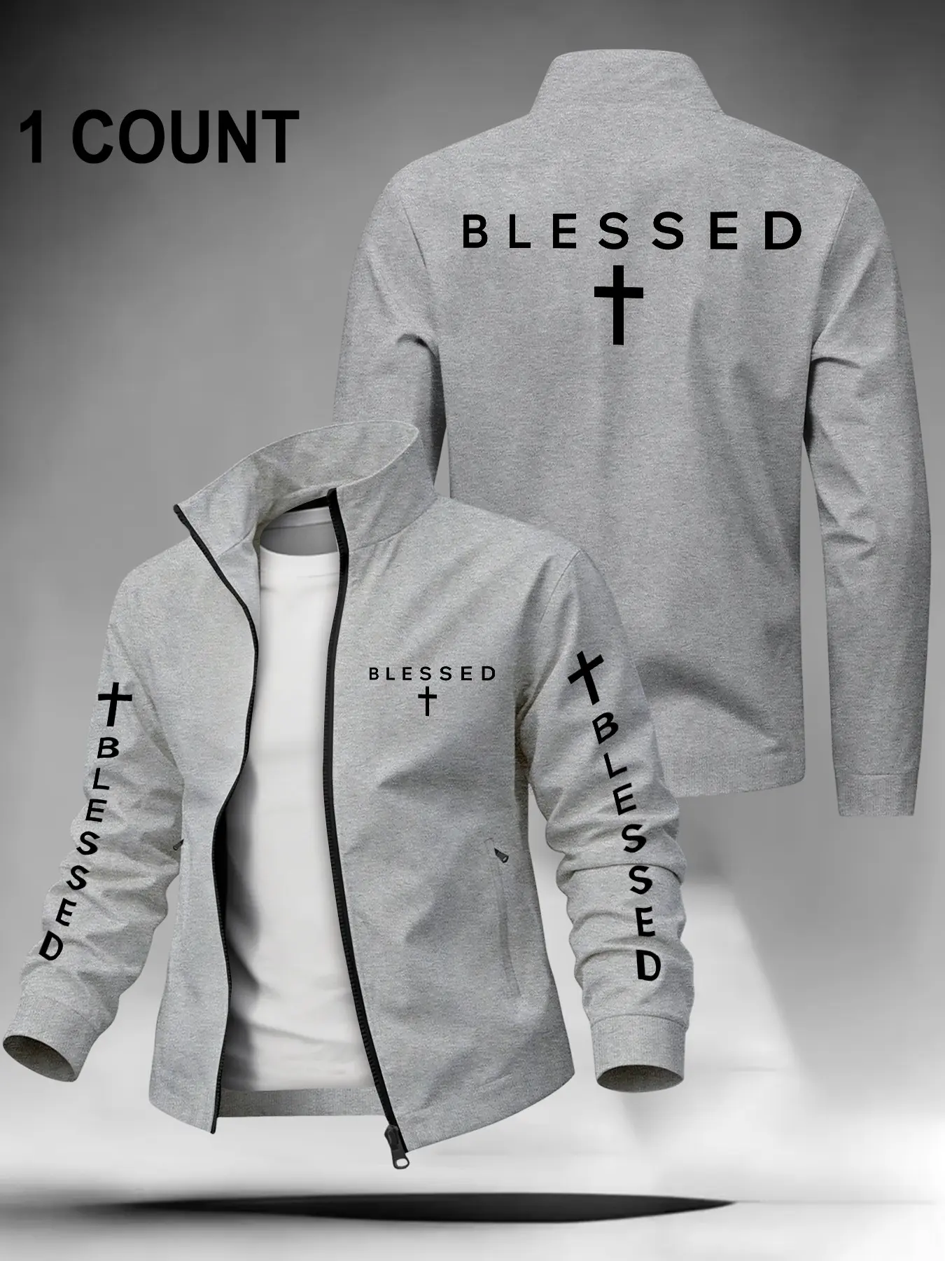 Men's Stand Collar Zipper Jacket, Blessed Cross Letter Print, Casual Outdoor Street Training Coat, Fitted Outerwear for Daily Wear