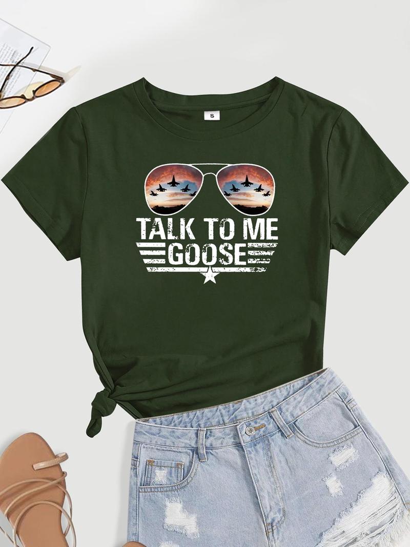 Women's Glasses & Letter Print Round Neck Tee, Short Sleeve Graphic T-shirt For Summer, Women's Top For Daily Wear