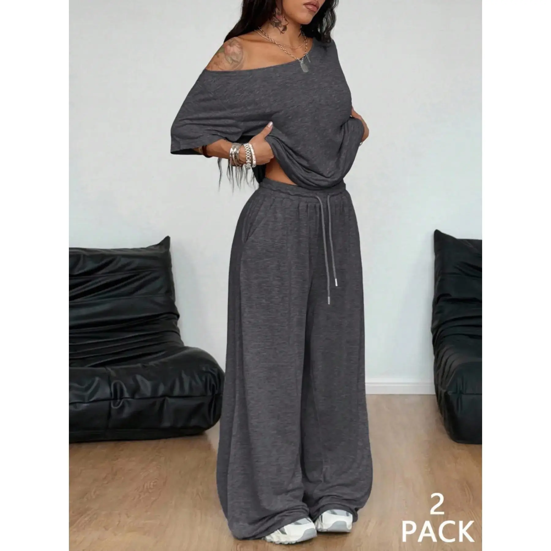 Chic Everyday Comfort Set, 2pcs/Set Women's Minimalist Basic Daily Wear Going Out Sport Off Shoulder T-Shirt And Wide Leg Pants Two Pieces Outfits, Relaxed Fit, , Lightweight, Chic, All Seasons, Athletic Style