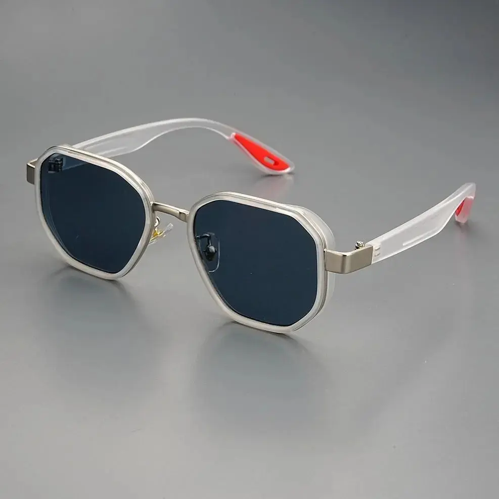 XUH Unisex Clear Frame Geometric Polygon Sunglasses with Metal Trim, UV400 Anti-Glare Dark Lens TR90 Lightweight Eyewear with Non-Slip Temple Tips, Retro Sport Shades for Driving, Fishing, Travel & Daily Casual Wear