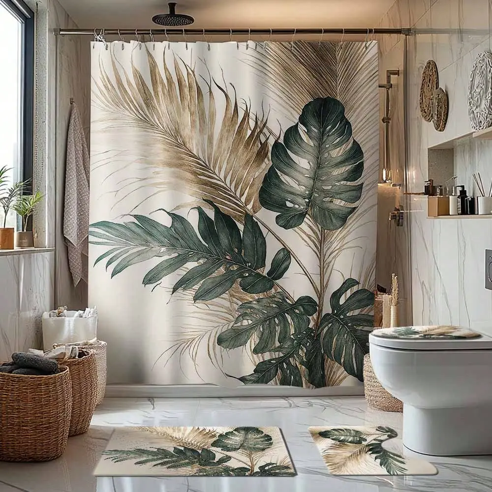 1/4pcs Top Bath Curtain Gold & Green Tropical Leaf Theme Bathroom Set, Includes Shower Curtain, Bath Mat, U-Shaped Toilet Mat, Toilet Lid Cover, Waterproof Shower Curtain, Fashionable Curtain For Bathroom Decor, Modern Style Bathroom Divider Curtain, No D