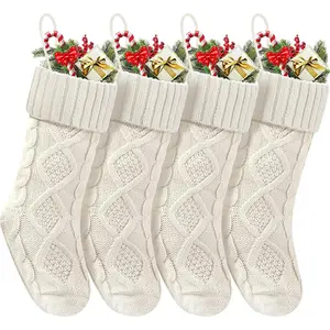 18 Inches Long Knitted Christmas Stockings Hanging Decoration for Fireplace Xmas Tree Home Family 4 White
