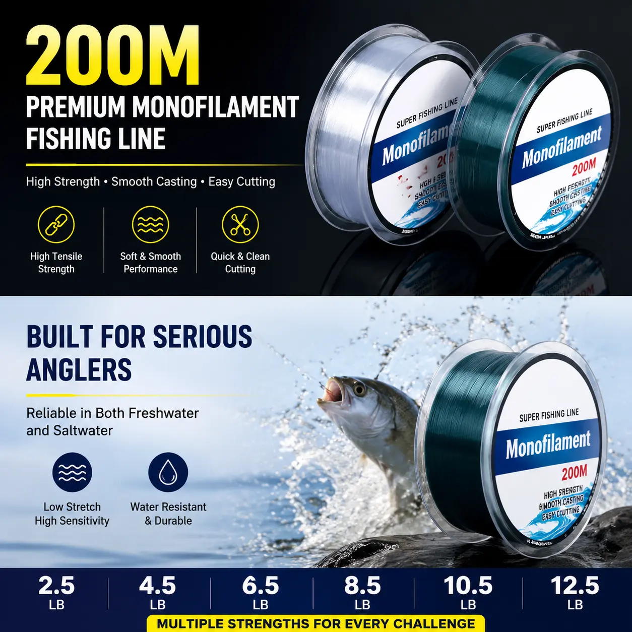 High-Strength 200-Meter Monofilament Fishing Line for Shore, Boat, and Pier Angling — Premium Nylon Construction with Superior Abrasion Resistance, Low Memory, and Excellent Knot Strength for Freshwater and Saltwater Use