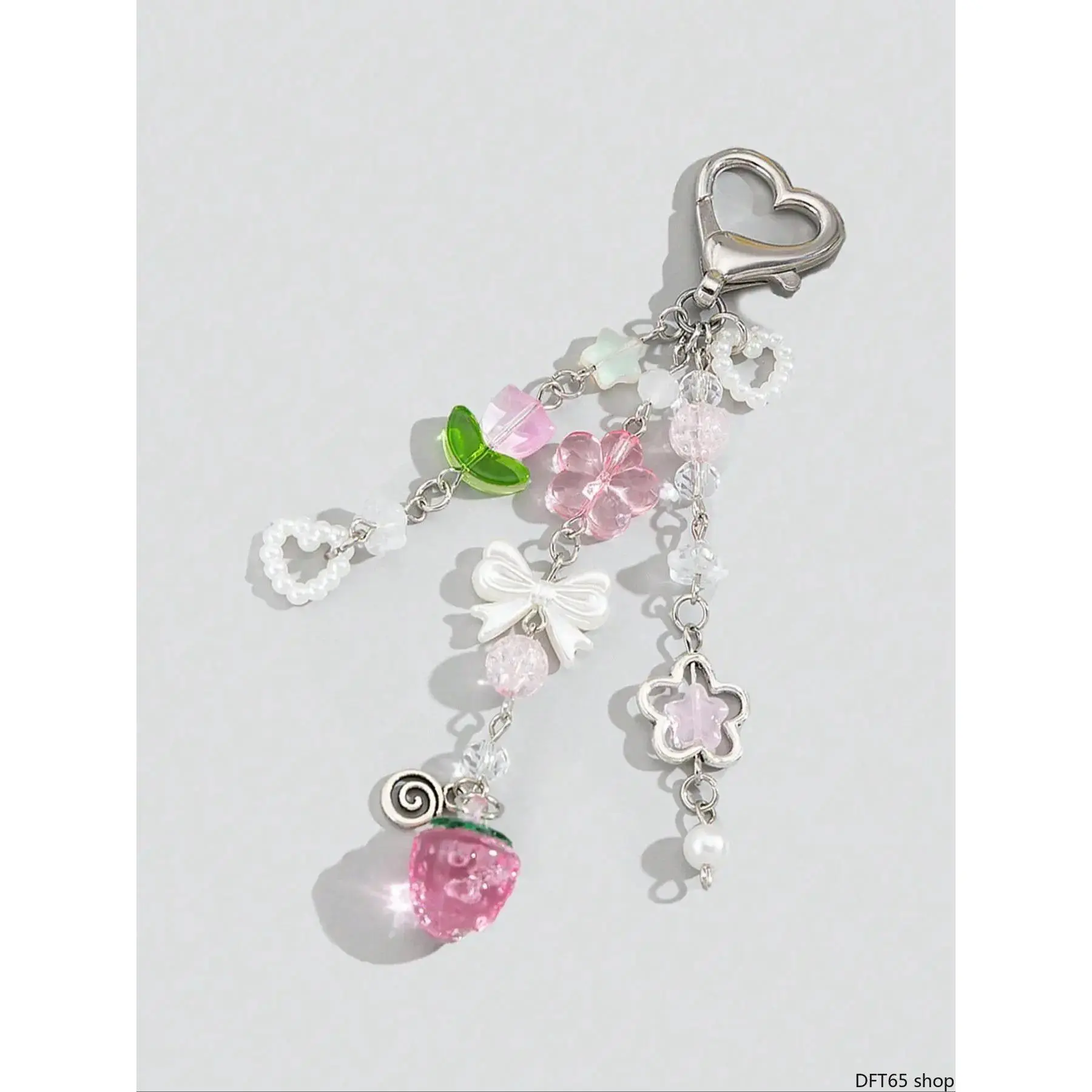 Polished Alloy Keychain with Delicate Flower, Strawberry & Bowknot Charms for Women Girls, Sweet Decorative Bag & Car Key Accessory