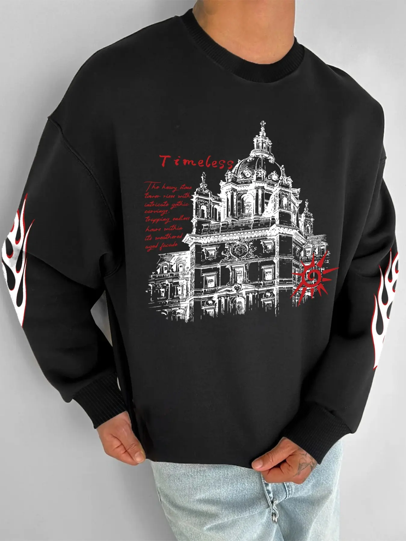 Men's Casual Loose Fit Sweatshirt, American Retro Castle Flame Print, Long Sleeve, Fall & Winter, Ideal for Daily Wear, Travel, Dates