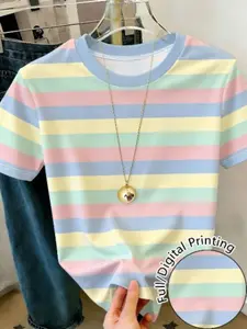 Women's Striped Print Round Neck Short Sleeve T-Shirt, Casual Comfortable, Variety of Styles, Fitted Design, All over Print Pattern, Casual Trendy Tee
