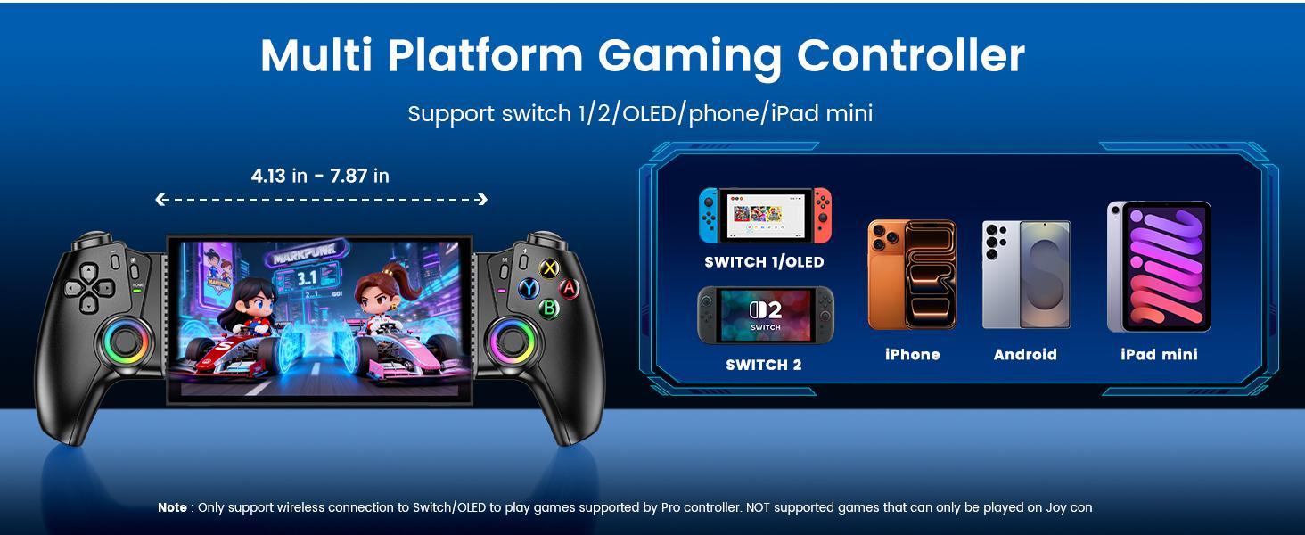 BEBONCOOL Switch/Switch2 Controller Compatible With Nintendo Switch 2/1/OLED With Hall Joystick LED, Wireless One-Piece Handheld Mobile Phone Controller for iPhone Android Support Xbox Cloud, Steam Link, GeForce Now