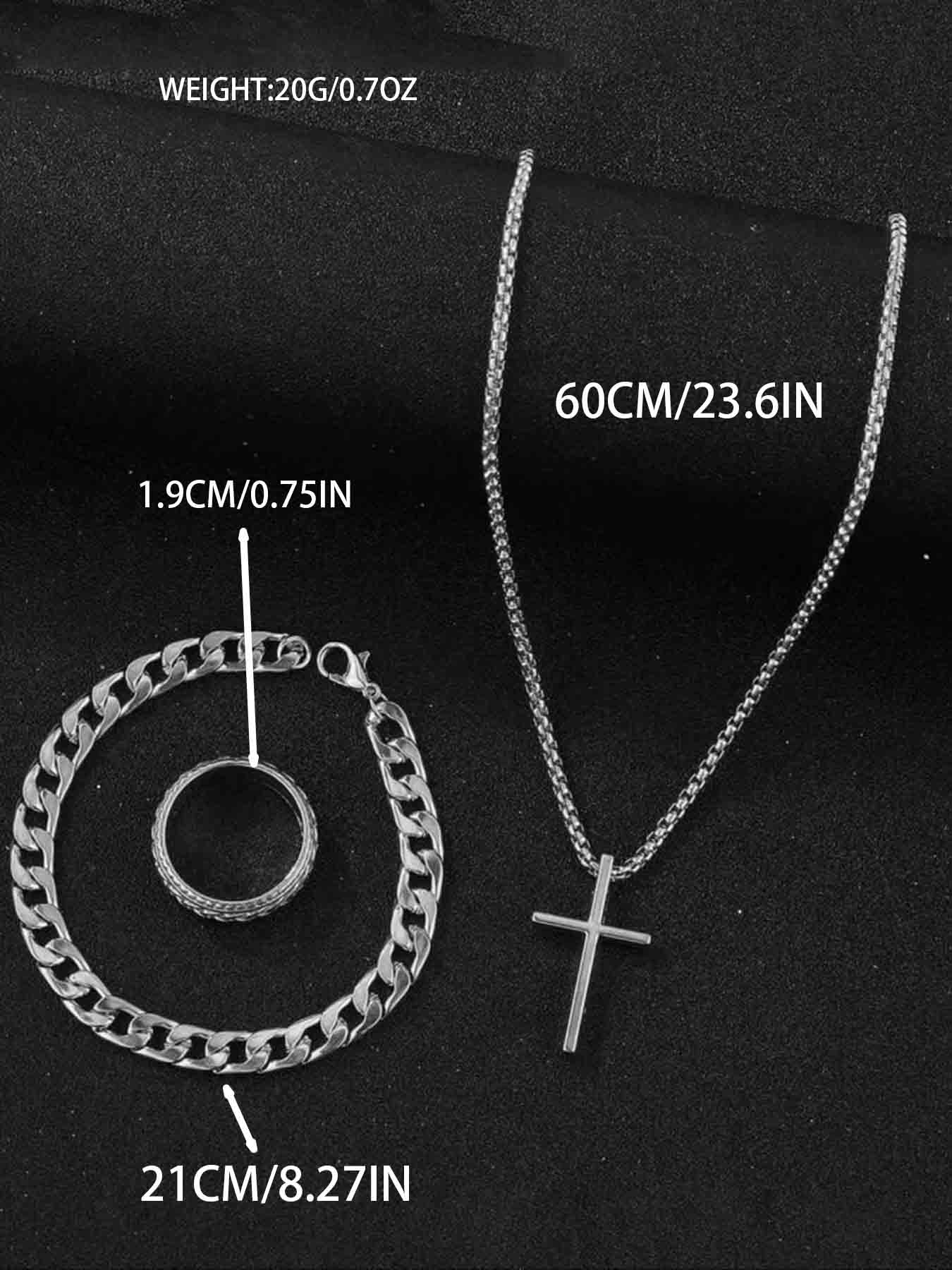 Men's Punk Hip Hop Cross Necklace & Curb Chain Bracelet & Ring, Fashionable Jewelry Set for Party, Daily Decor, Trendy All-match & Exquisite Jewelry for Birthday Gift