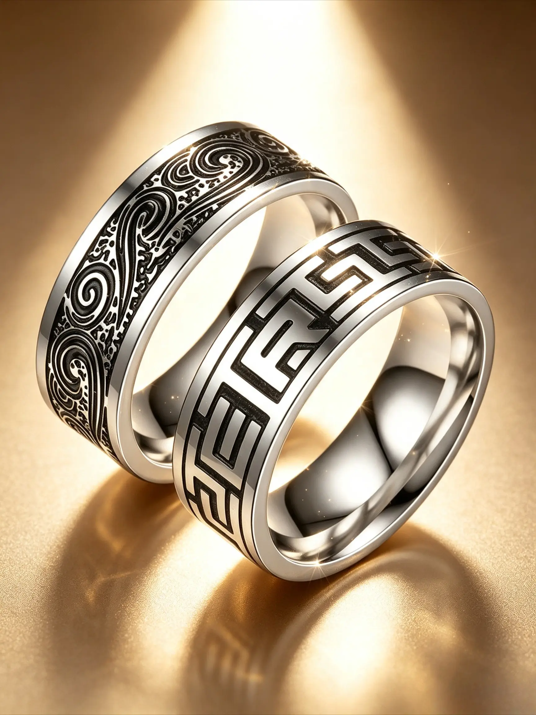 2Pcs Stainless Steel Pattern Band Rings For Men, Vintage Chinese Style Cloud & Great Wall Texture Ring Set, Silver Tone Engraved Finger Jewelry, Hypoallergenic, For Daily Wear, Club, Outdoor, Birthday Gift For Him