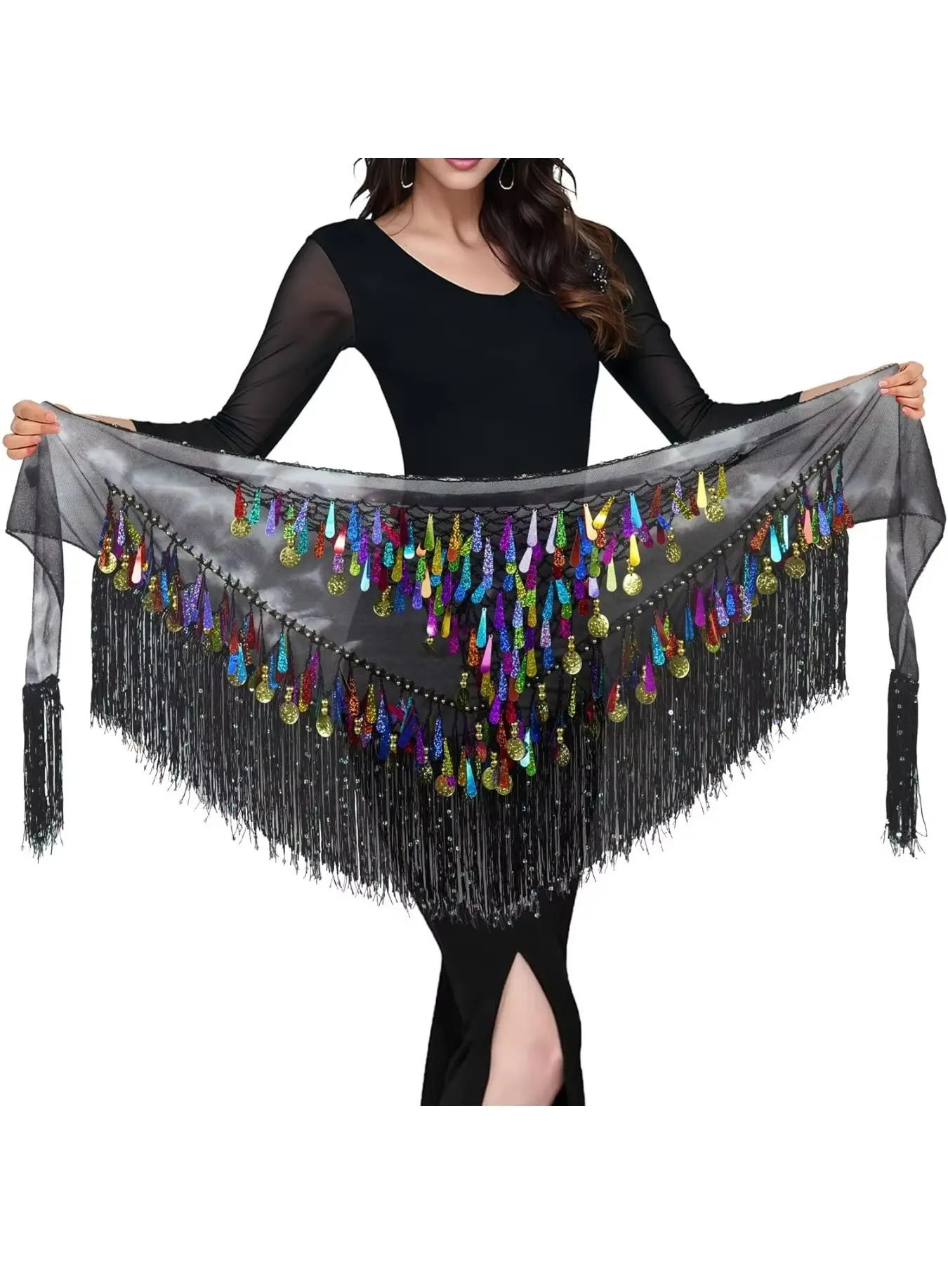 Women Belly Dance Hip Scarf Tie Dye Fringe Waist Chain Sequins Coin Tassel Skirt Elegant Dance Performance Accessories