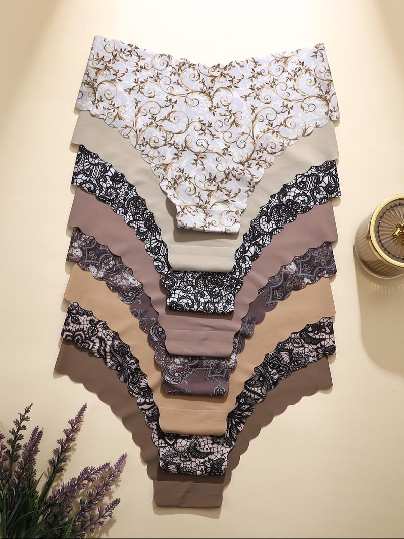 Women's Solid / Leopard Print Scallop Trim Brief, Soft Comfy Breathable Seamless Panty for Daily Wear, Women's Underwear for All Seasons, Solid Print Knicker