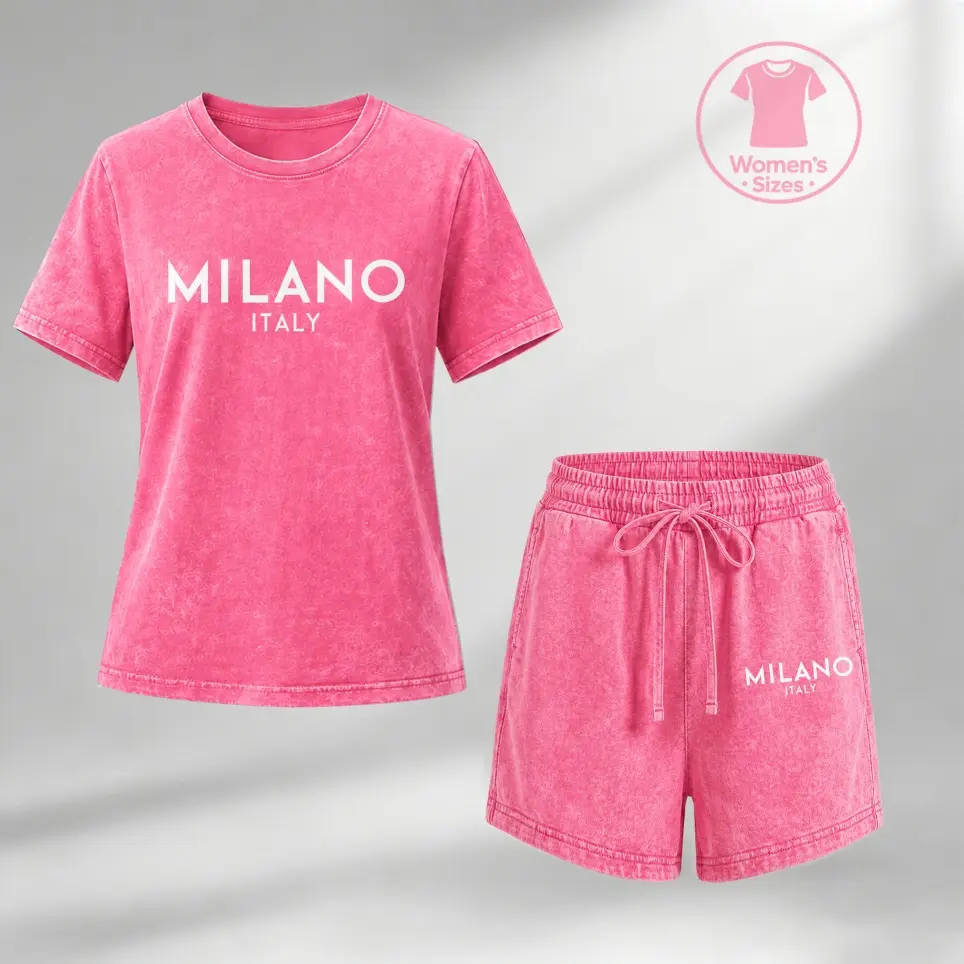Women’s 100% Cotton Washed 2 Piece Shorts Set, Milano Graphic Crew Neck Short Sleeve T Shirt and Drawstring Shorts, Soft Breathable Casual Summer Lounge Outfit