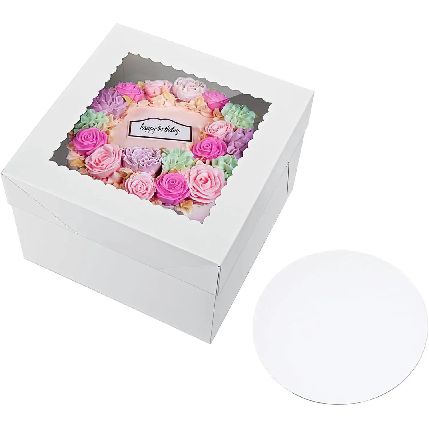 3 Pack Bakery Cake Box with Cake Boards, 12''x12''x8'' White Cake Boxes Large Baking Boxes Square Cardboard Cake Box with Window, for Cakes, Pastries, Cookies, Pie,