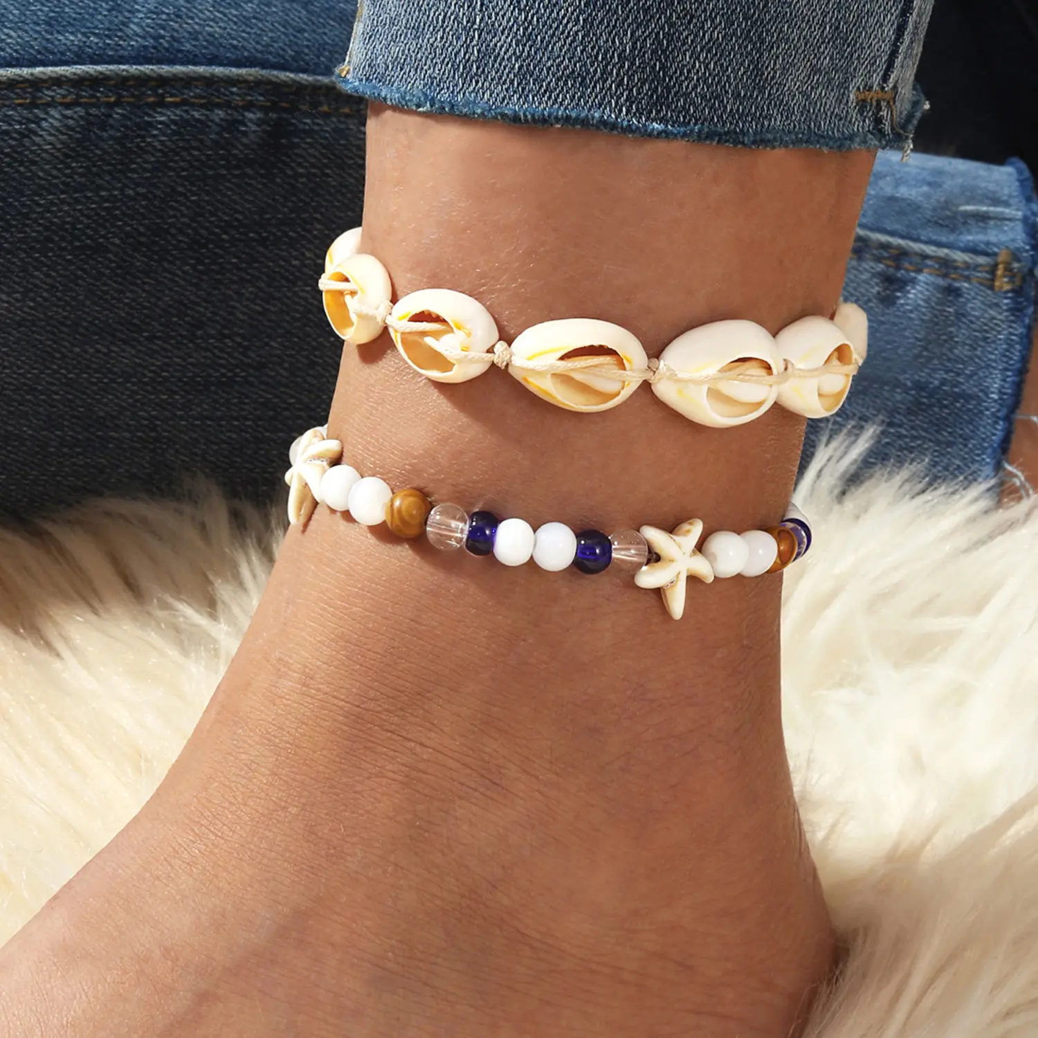 Natural Cowrie Shell Anklets for Women Starfish Foot Jewelry, Boho Handmade Colorful Beaded Ankle Bracelet, Ocean Layering Beach Foot Chain, Summer Vacation Sandals Gift