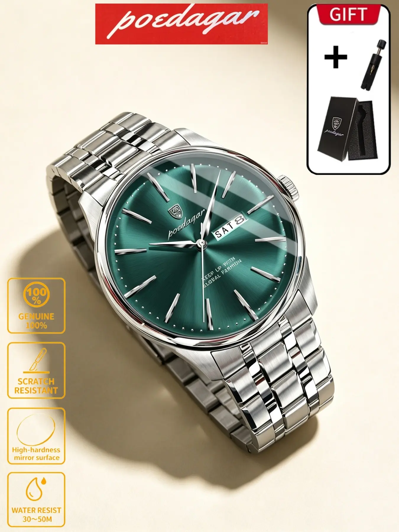 POEDAGAR Light Luxury Versatile Men's Calendar Watch Luxury Fashion Waterproof Luminous Quartz Men's Watch Stainless Steel Men's Watch Birthday Gift for Boyfriend Preferred