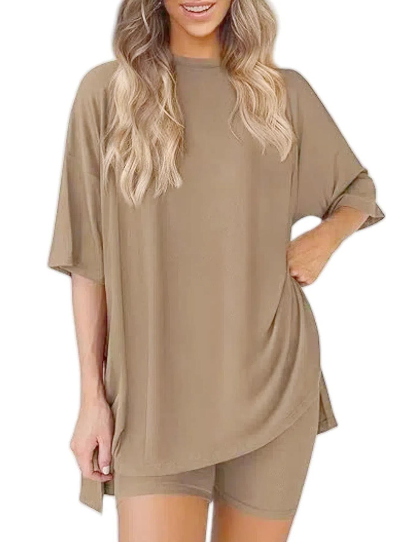 Women's Solid Color T-Shirt and Tight Shorts Lounge Set, Leisure Wear Top, Casual Comfortable Round Neck Sleepwear for Summer, Features Pockets and Suitable for Outdoor Wear
