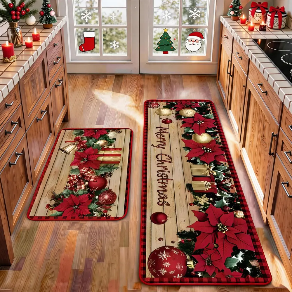 2 Pcs Christmas Kitchen Rug Mat Gnomes Gingerbread Tree Santa Clause Snowflake Red Black Floor Mat Set Farmhouse Kitchen Rug Non Slip Restaurant Floor Dining Room Laundry Room Decor Carpet Mat Winter Decor Home Decor Rug