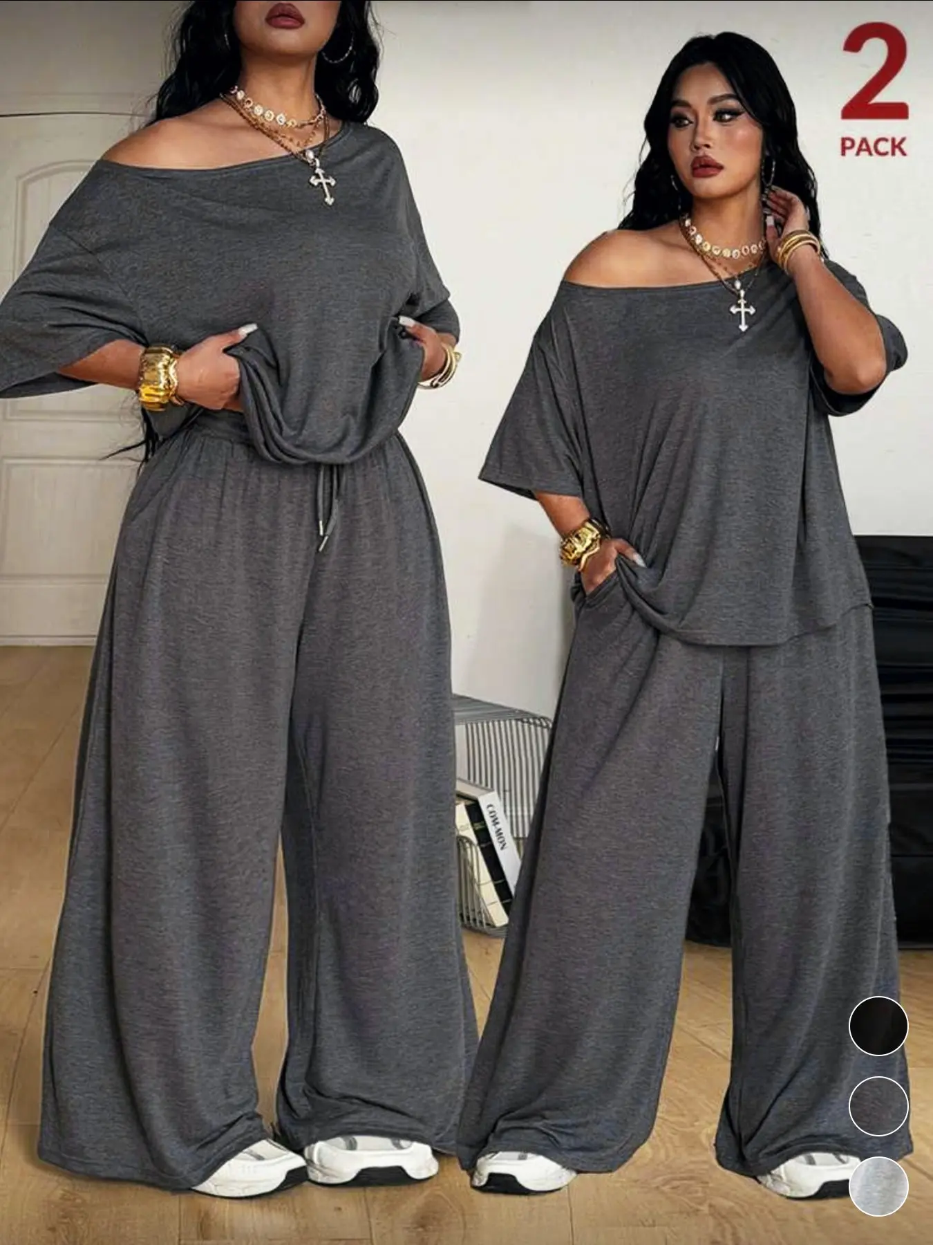Plus Size Women's Casual Tee & Pants Set, Comfortable Fabric, Asymmetrical Neckline Top & Wide-Leg Pants, Ideal for Daily Wear & Outdoor Activities, Everyday