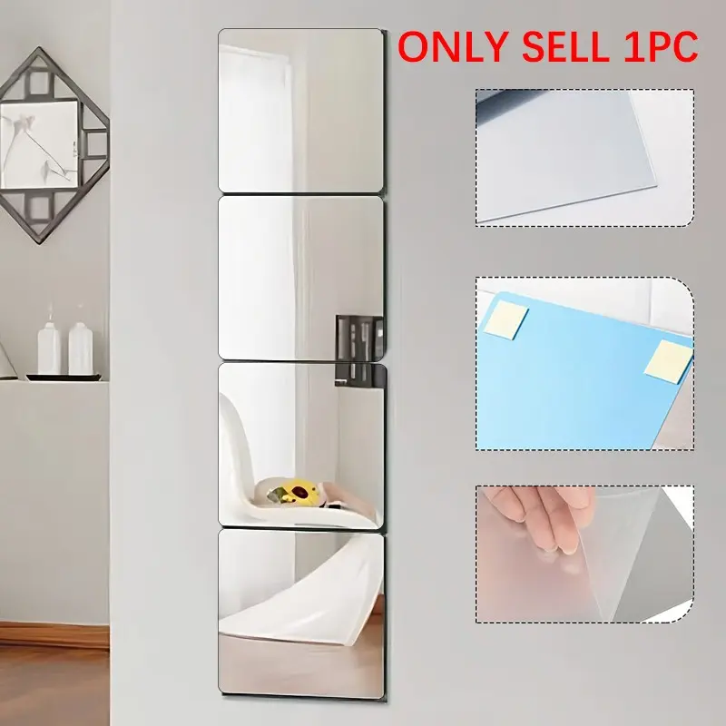 1pc Self Adhesive Soft Mirror, Mirror Tiles, Flexible Plastic Mirror Sheets Wall Stickers, 1.8MM Thick Mirror, Frameless Small Mirror, Home Decor