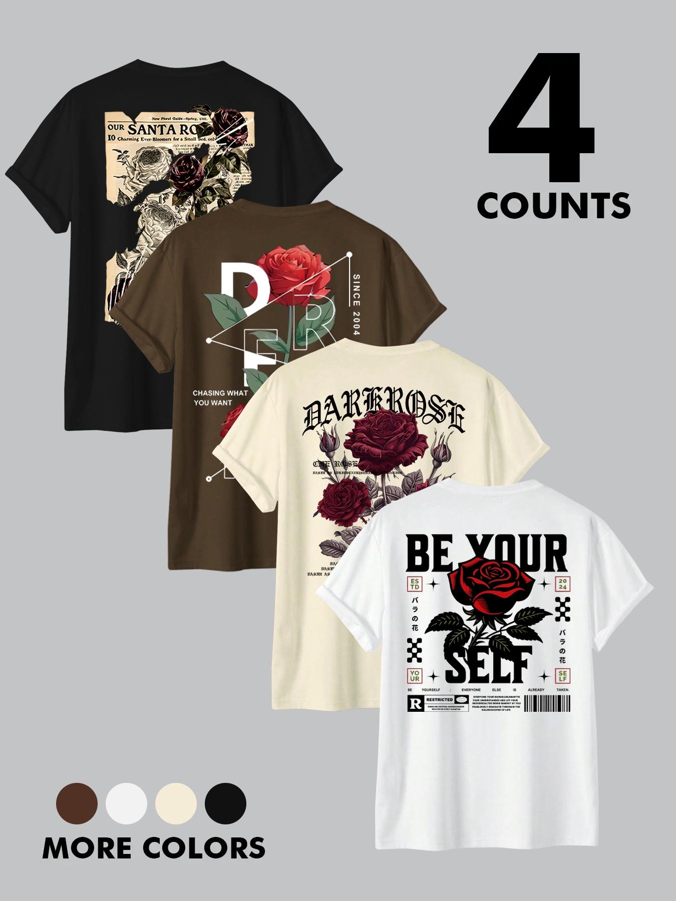 Men's Rose & Letter Print Short Sleeve Graphic Tee, Streetwear Regular Fit Casual Round Neck T-shirt for Summer, Men's Top for Daily Wear