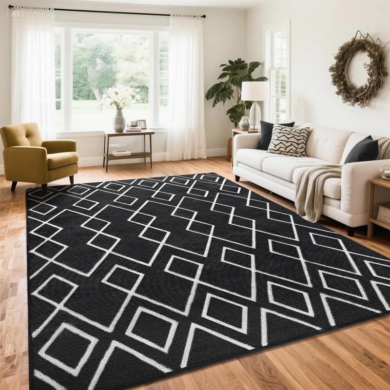7x10 Soft Area Rug for Bedroom, Moroccan Style Rugs for Living Room, Geometric Non-Slip Carpet with Memory Foam for Bedside Office Dorm Hallway,Black, Navy Blue, Grey, Brown, Purple, Grey, 4x6, 5x7, 6x9, 7x10 Feet rugs living room