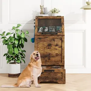 GARVEEPet Food Cabinet with 2 Elevated Bowls, Dog Feeding Station, Ample Storage for Food and Toys, Concealed Feeder, Flip-Top Design, Available in Brown and Grey, Modern and Functional Dog Storage Solution