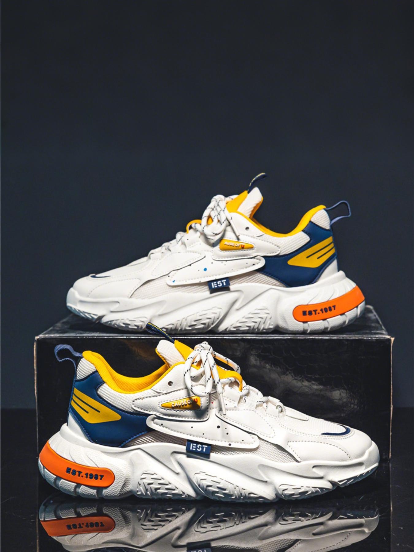 Men's Retro 90s EST.1987 Chunky Dad Sneakers, Breathable Mesh & Leather, Streetwear Casual Shoes for American Trendsetters