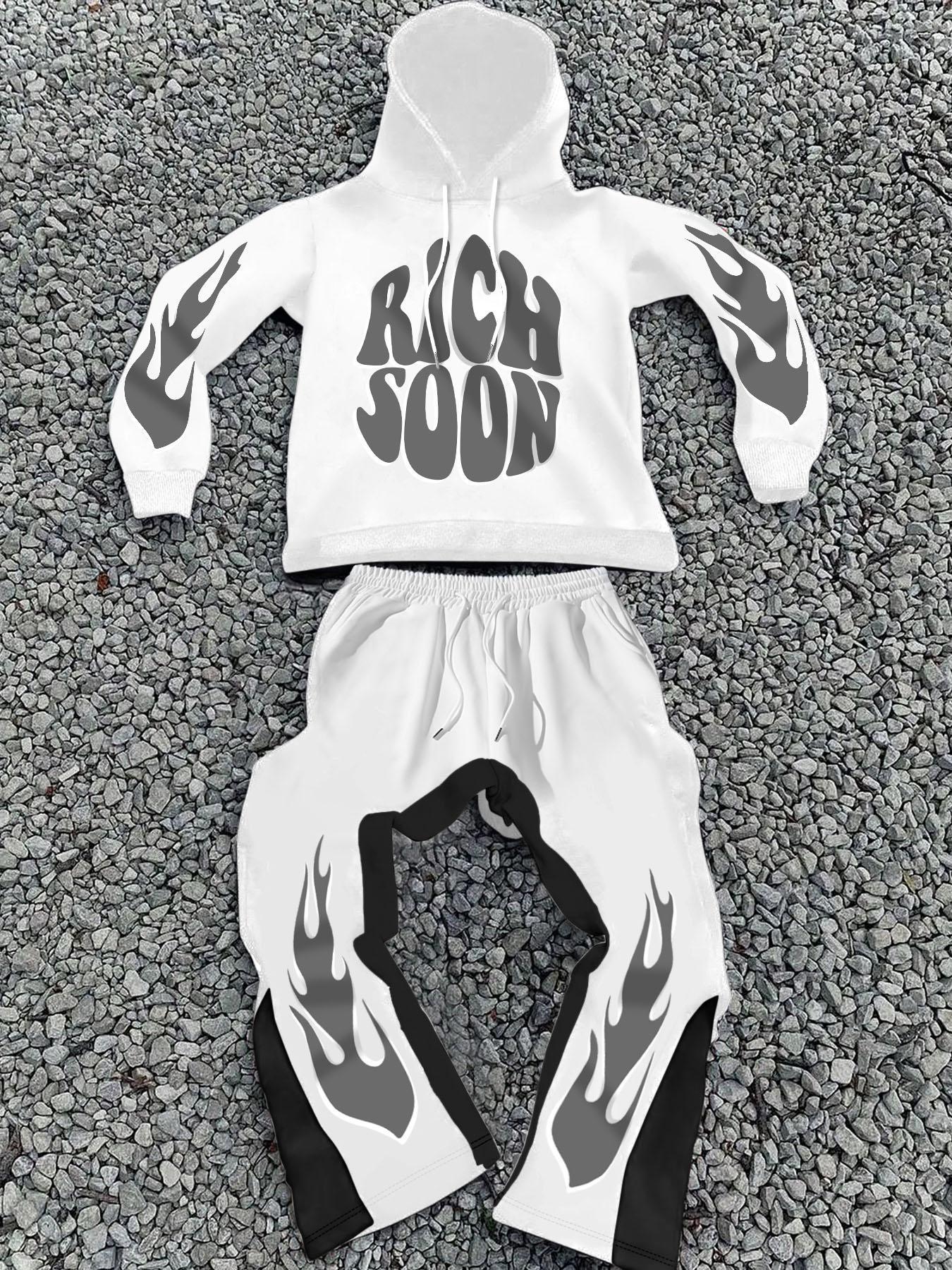 Two-piece Set Men's Fire and  Letter Print Drop Shoulder Hoodie & Elastic Waist Sweatpants, Regular Fit Casual Fashion Cozy Breathable Two Piece Outfits for Daily Workout Running, Men's Clothes for Fall & Winter