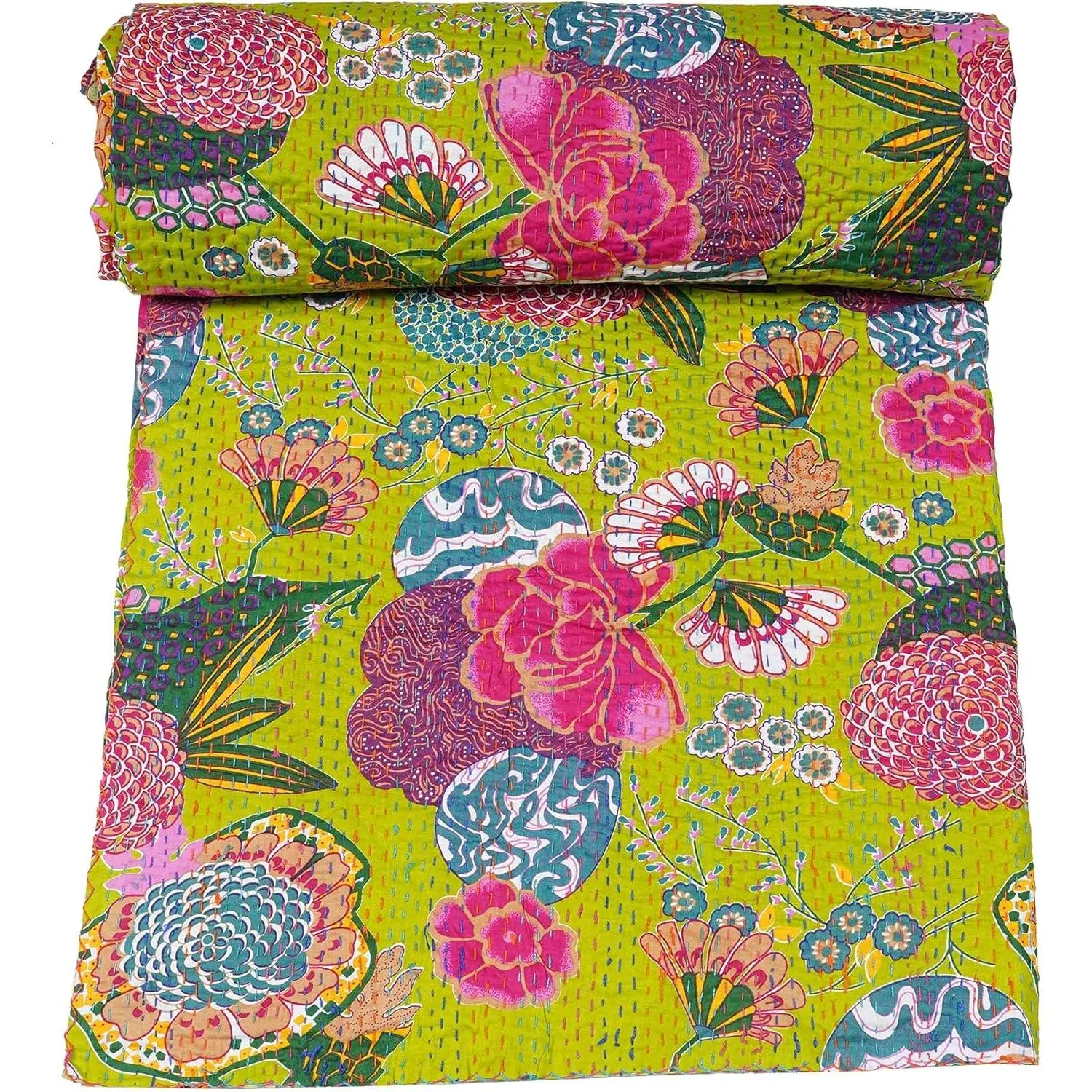 Indian Handmade Stitched Pure Cotton Fruit Print Reversible Kantha Quilt, Parrot Green, Twin Size 60"x 90"
