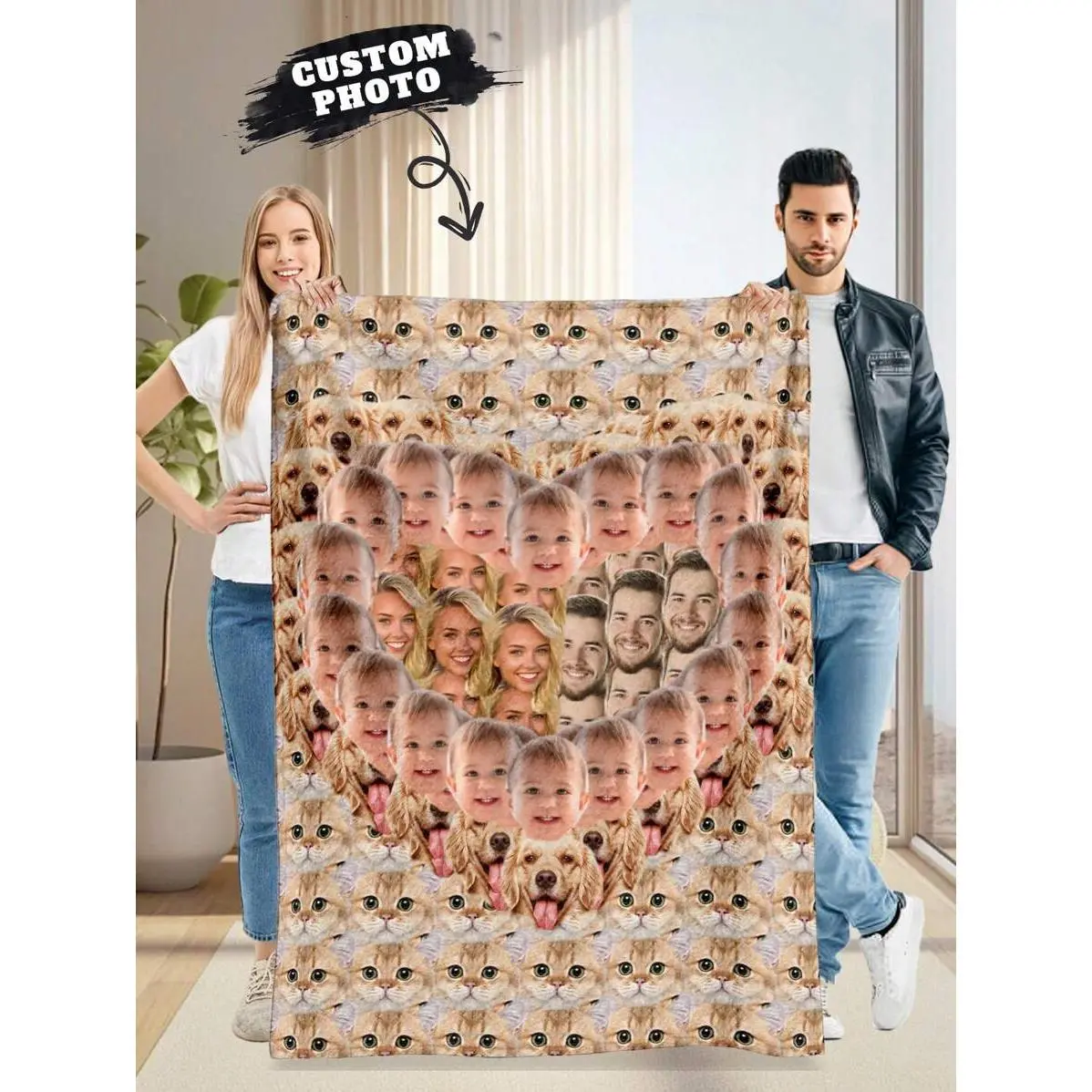 1pc Customized Flannel Face Blanket, Personalized Funny Face Blanket, Personalized Christmas Gift Blanket, Collage Bedding Blanket, Best Friend Face Blanket, Gift For Family, Him, Her, Boyfriend, Girlfriend, Dad, Family, Mom, Friends, Suitable For Anniver